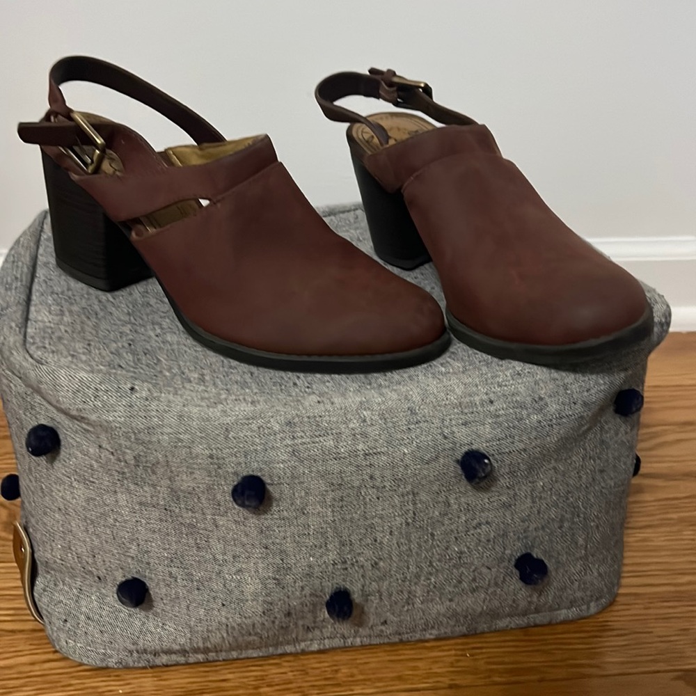 Close toed/ open back leather shoes/ heels